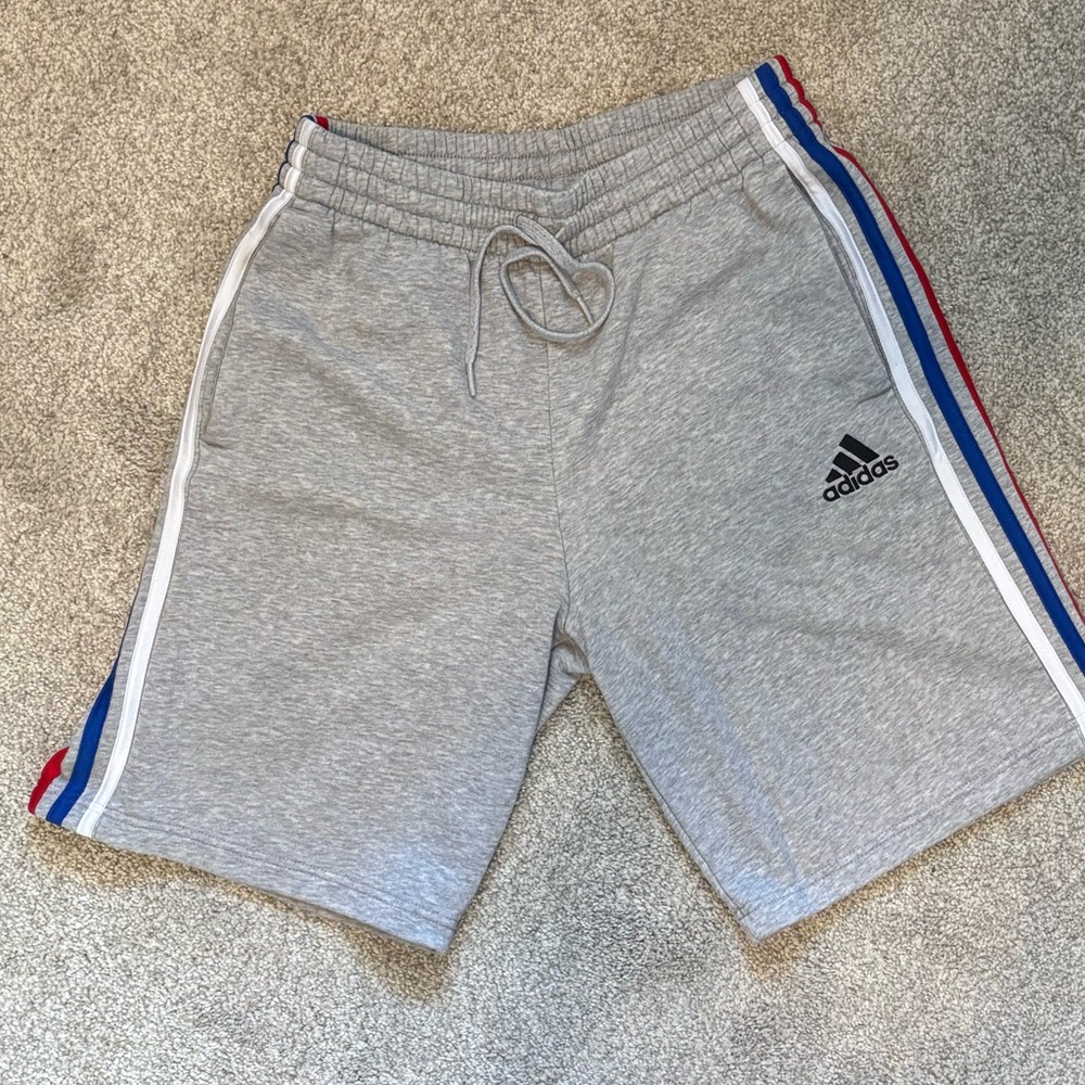 adidas Men’s Light Gray Athletic Shorts with Red & Blue Side Stripes